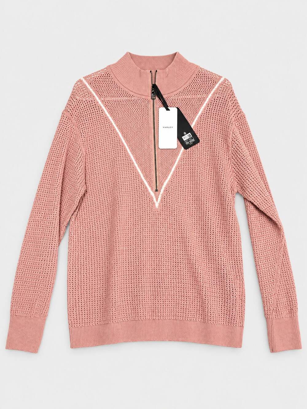 Varley Half-Zip Open-Knit Sweater — Dusty Pink & White -XS- RH-202